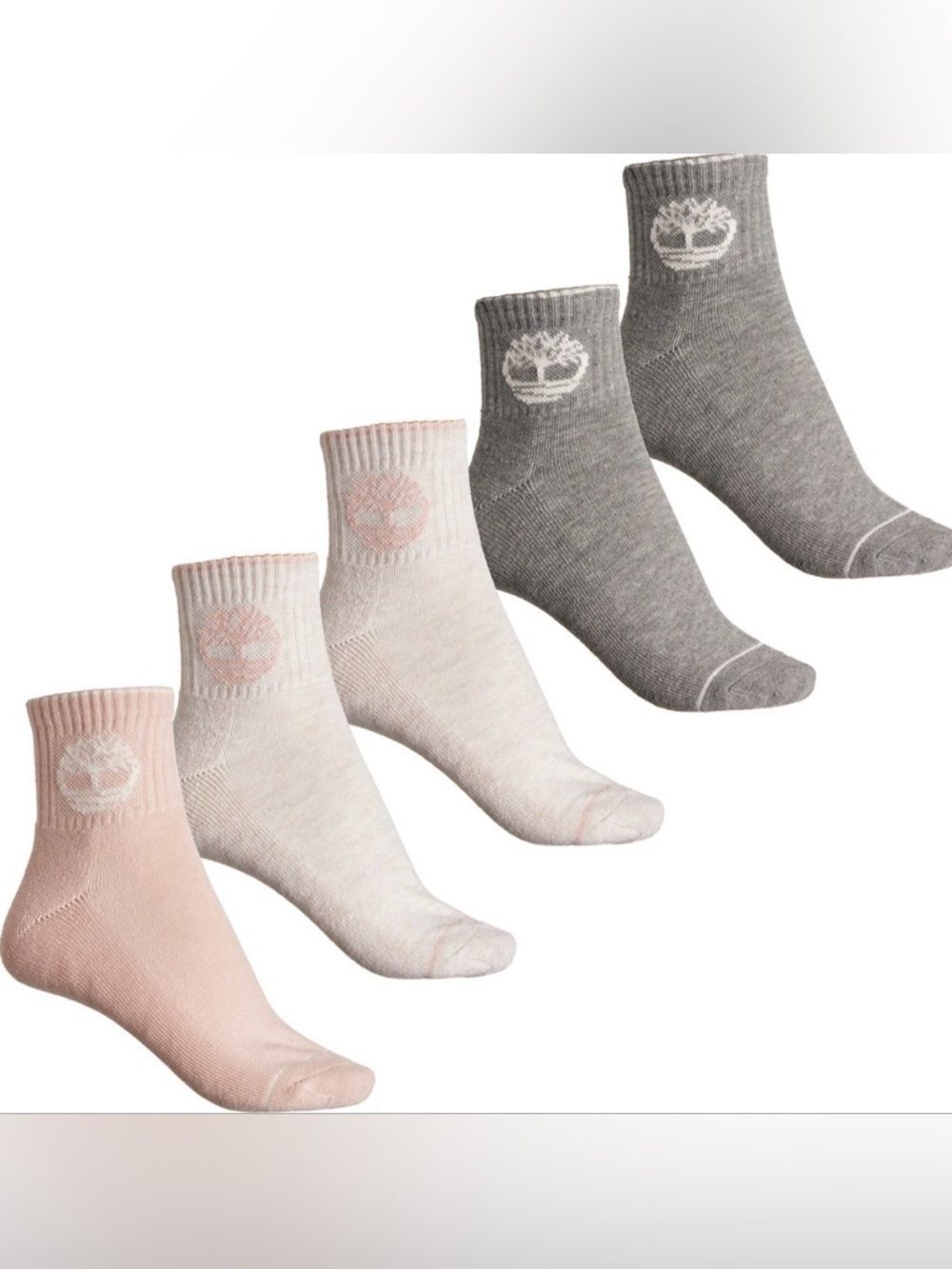 Timberland Ivory Pink Gray Logo Cushioned Quarter Crew Cotton Blend Socks 5 pack